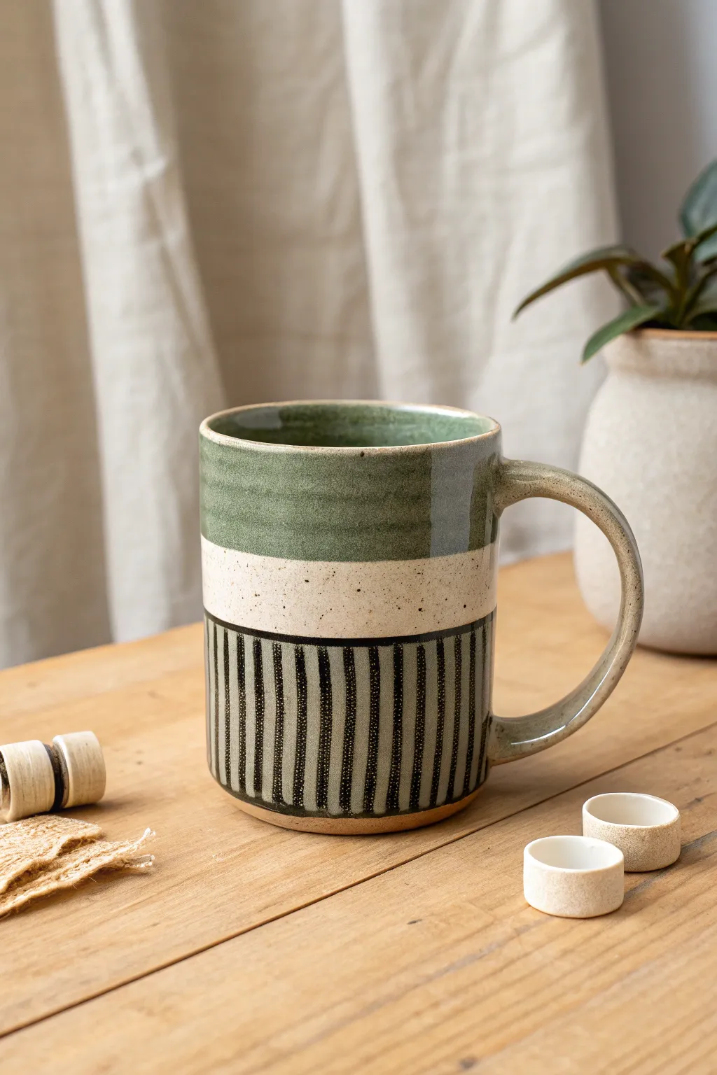 Simple tape-resist stripes make this mug painting idea clean, modern, and beginner-friendly.