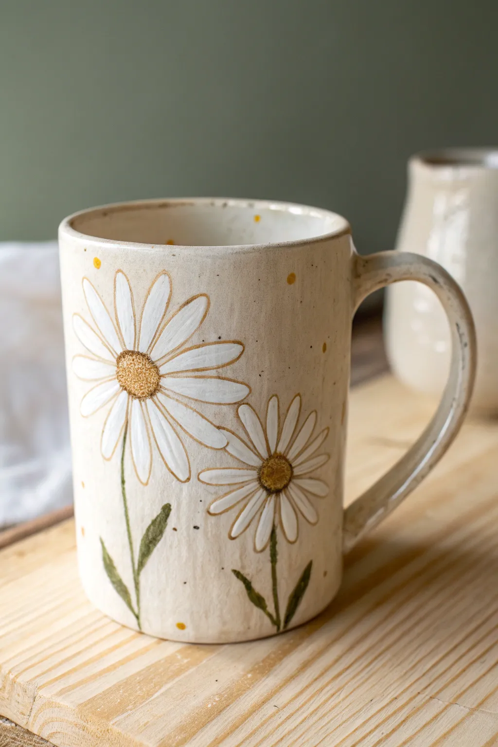 Simple daisy mug design with crisp white petals and sunny yellow centers, perfect for beginners