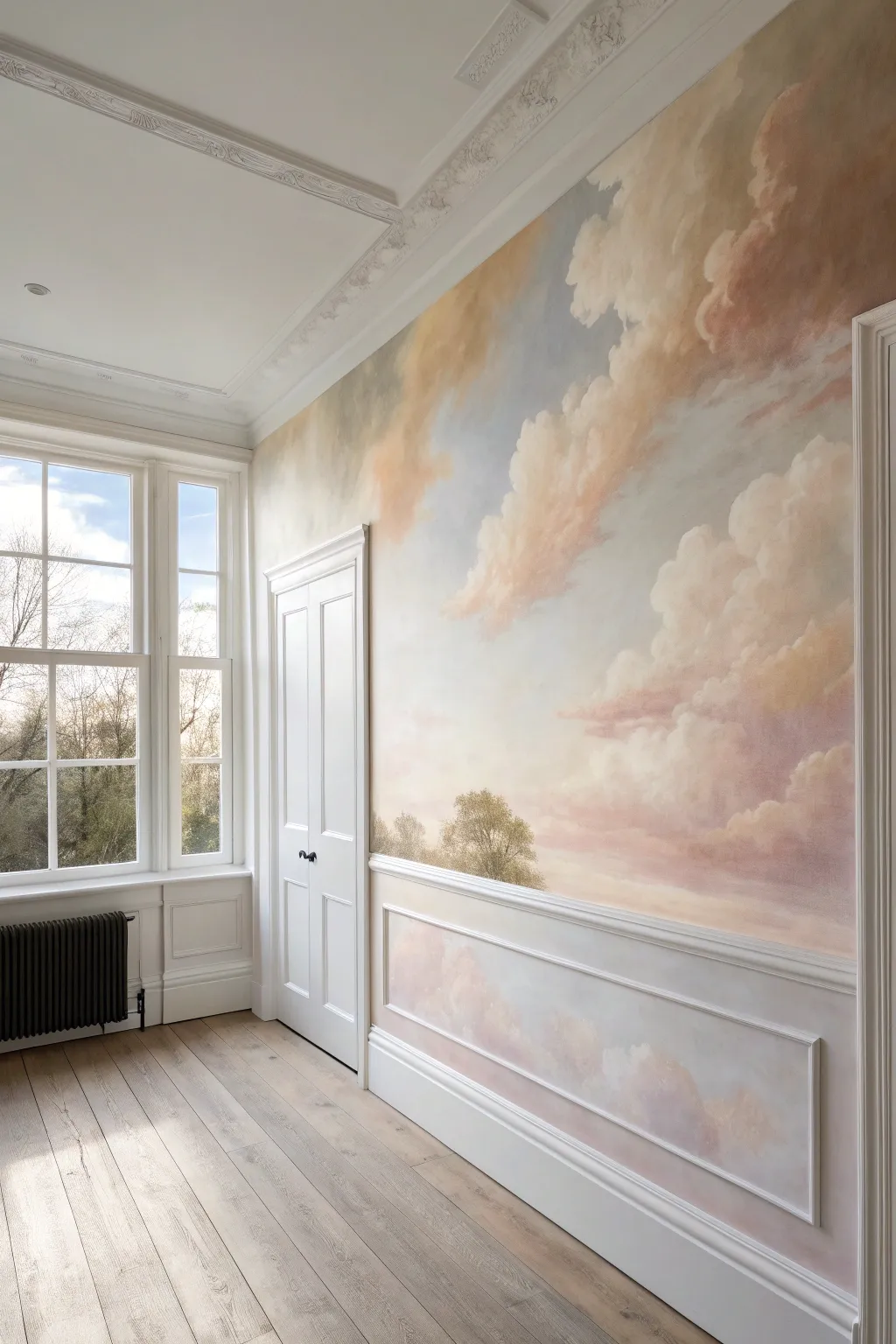 Dreamy cloudscape mural in dusty pastels, sunlit for a calm Scandinavian minimalist room