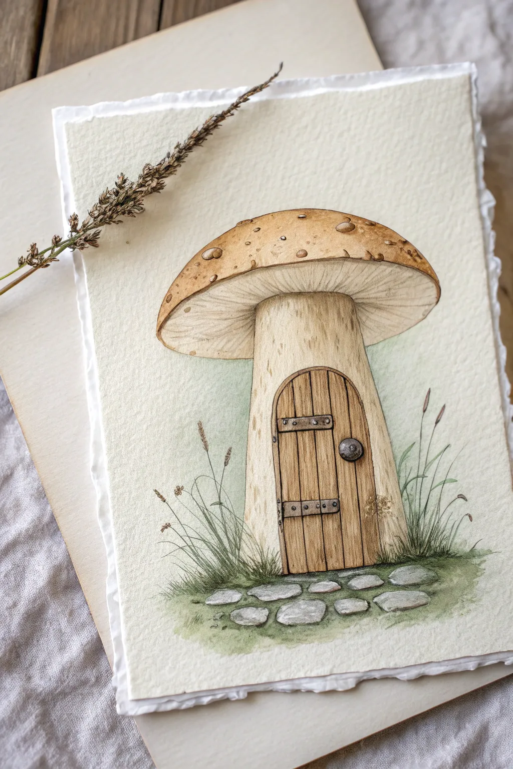 Arched wooden door carved into a mushroom stem, minimalist boho detail for cozy drawing ideas