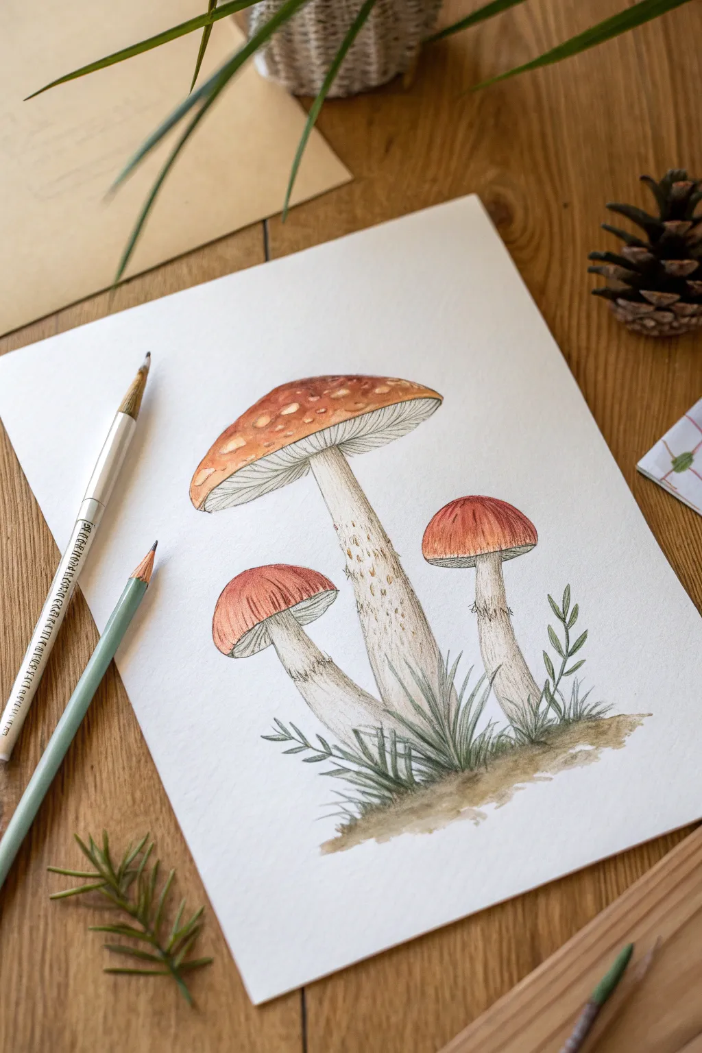 Simple trio of mushrooms in soft earthy tones, drawn with ovals and tubes on clean paper.