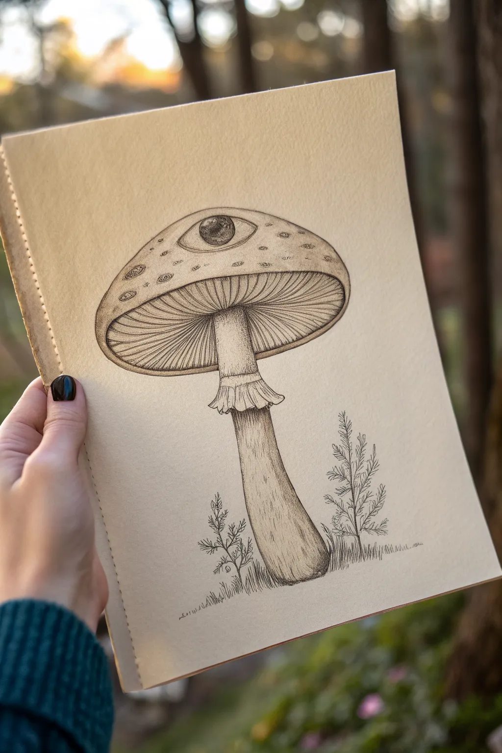 Minimal weirdcore mushroom sketch with a cyclops eye in the stem, on warm ivory paper.