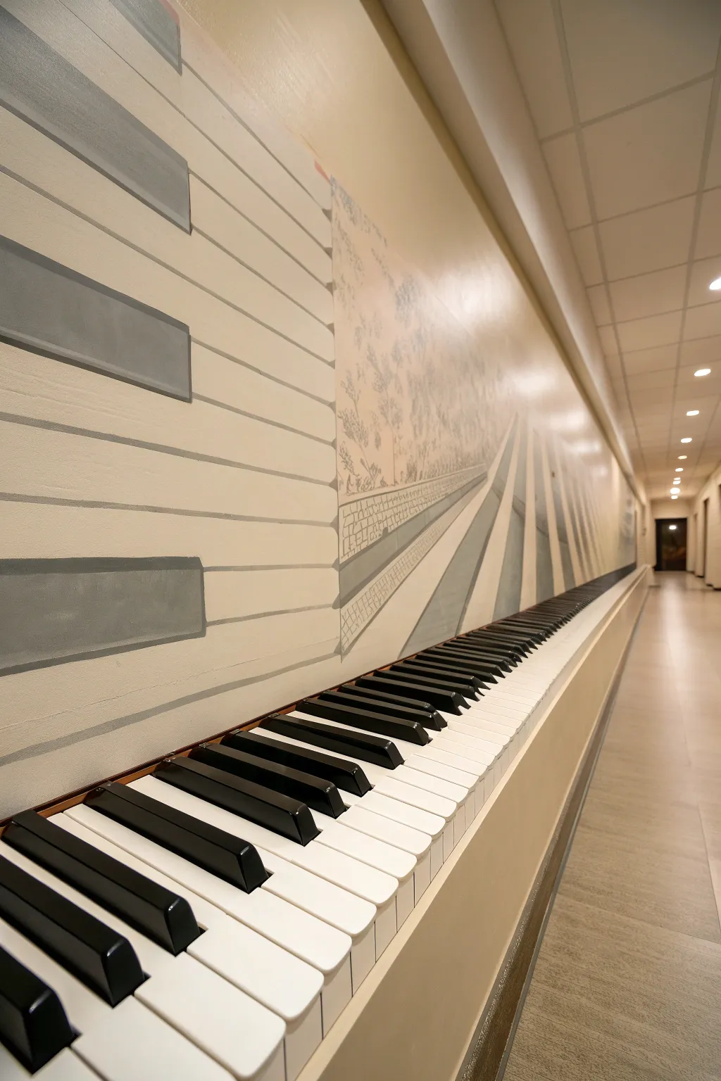 Minimal piano key mural with soft fade and subtle 3D shading for a modern music wall
