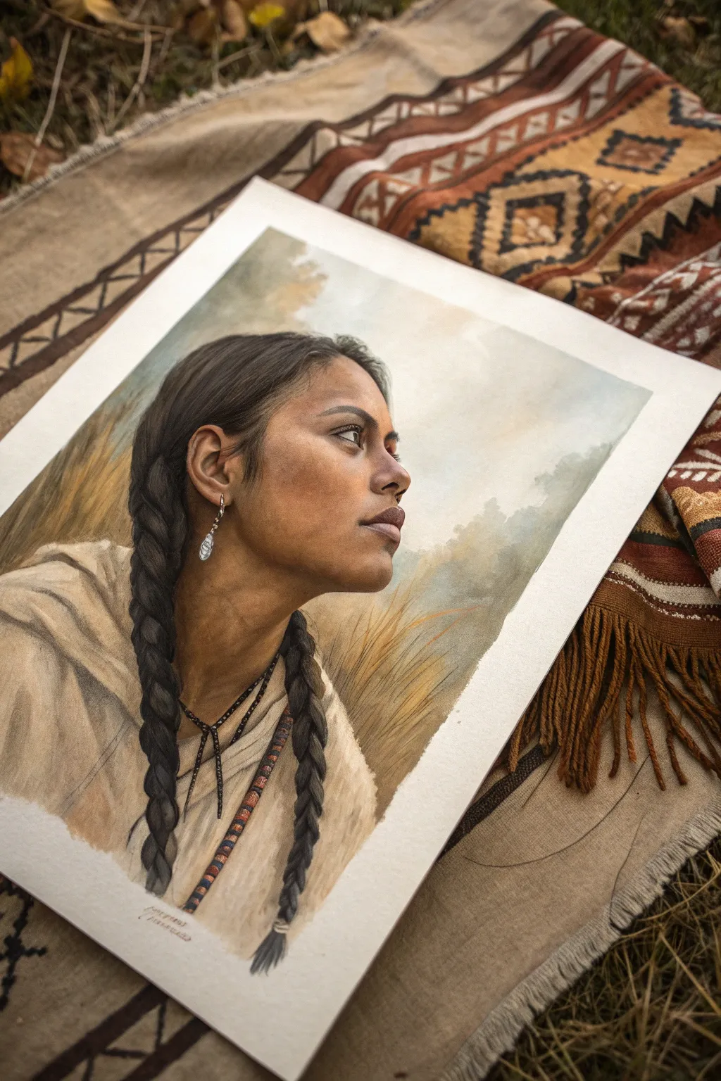 Calm side-profile portrait with braids in earthy tones, minimalist backdrop, high contrast.