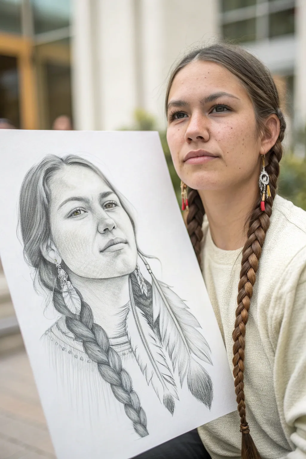 Elegant graphite portrait with long braids and feather earrings, minimalist boho contrast