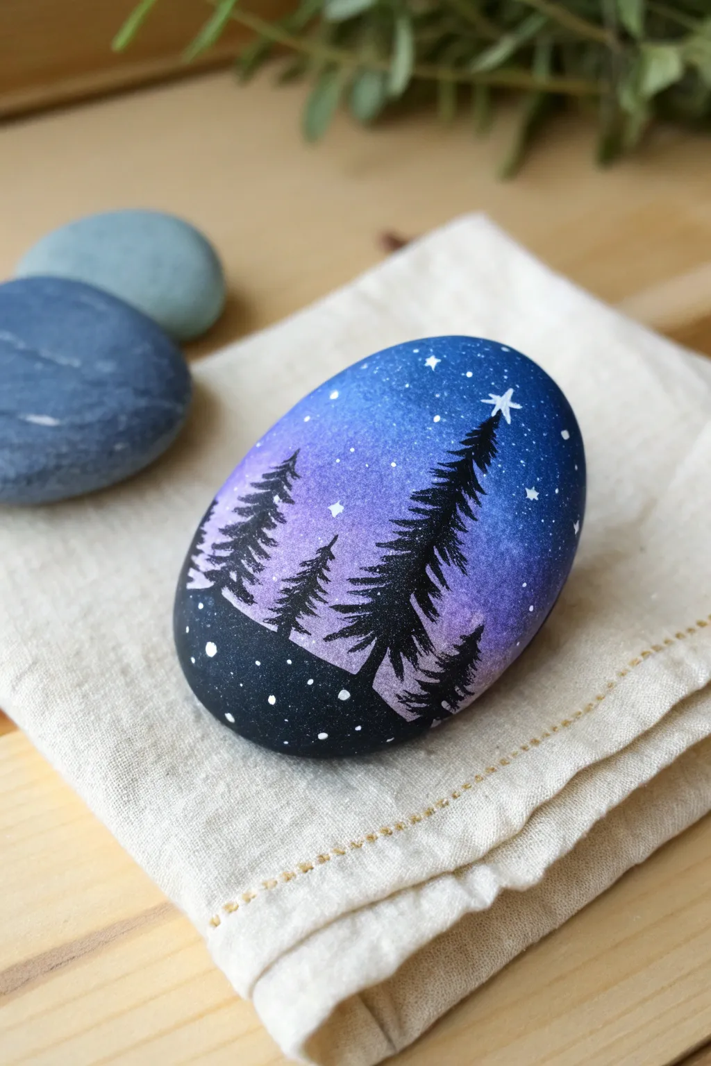 Twilight gradient rock with pine silhouette and tiny stars for a calm, classic nature design