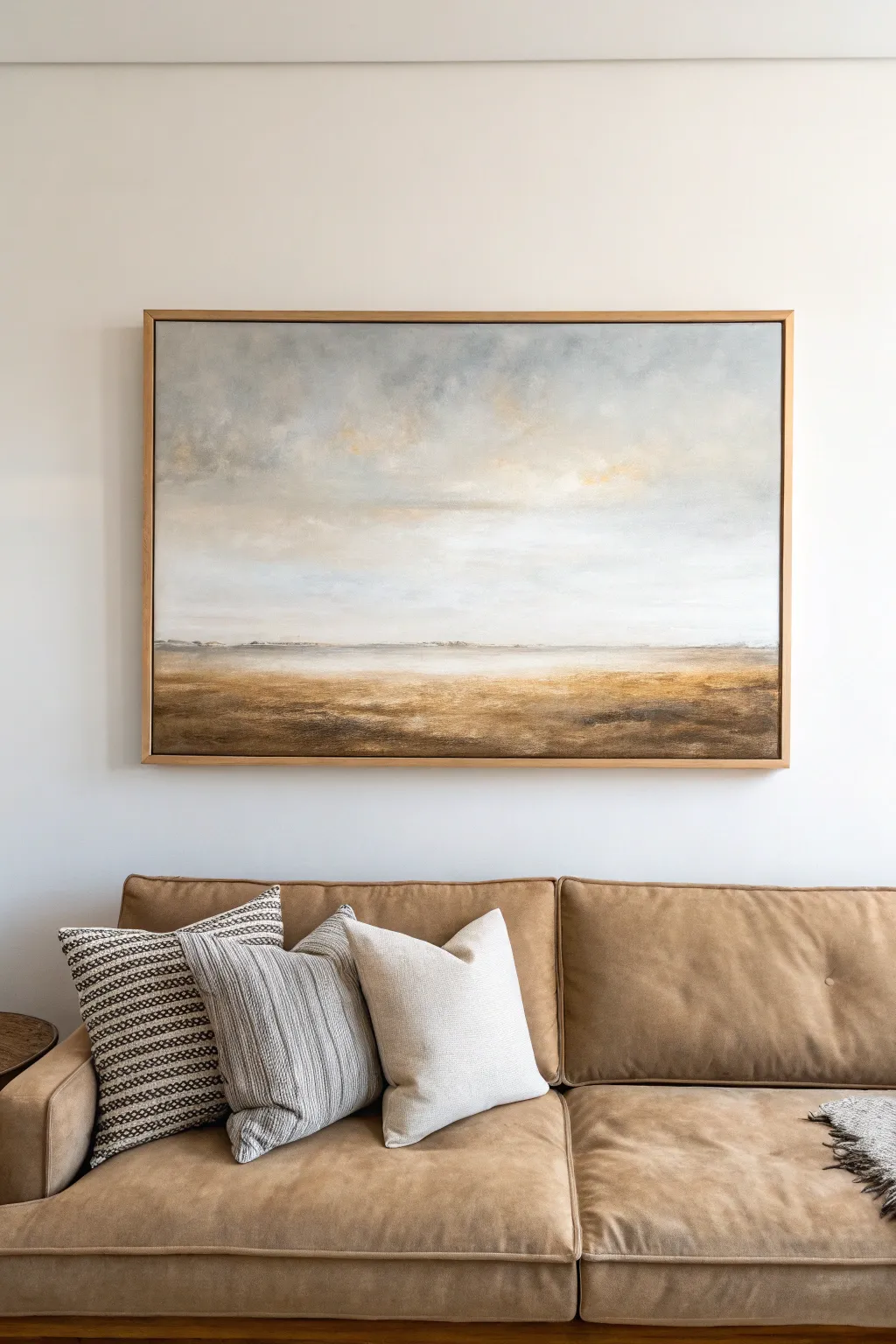 Minimalist neutral landscape in sand, stone gray and warm white for a calm Scandinavian-boho wall.