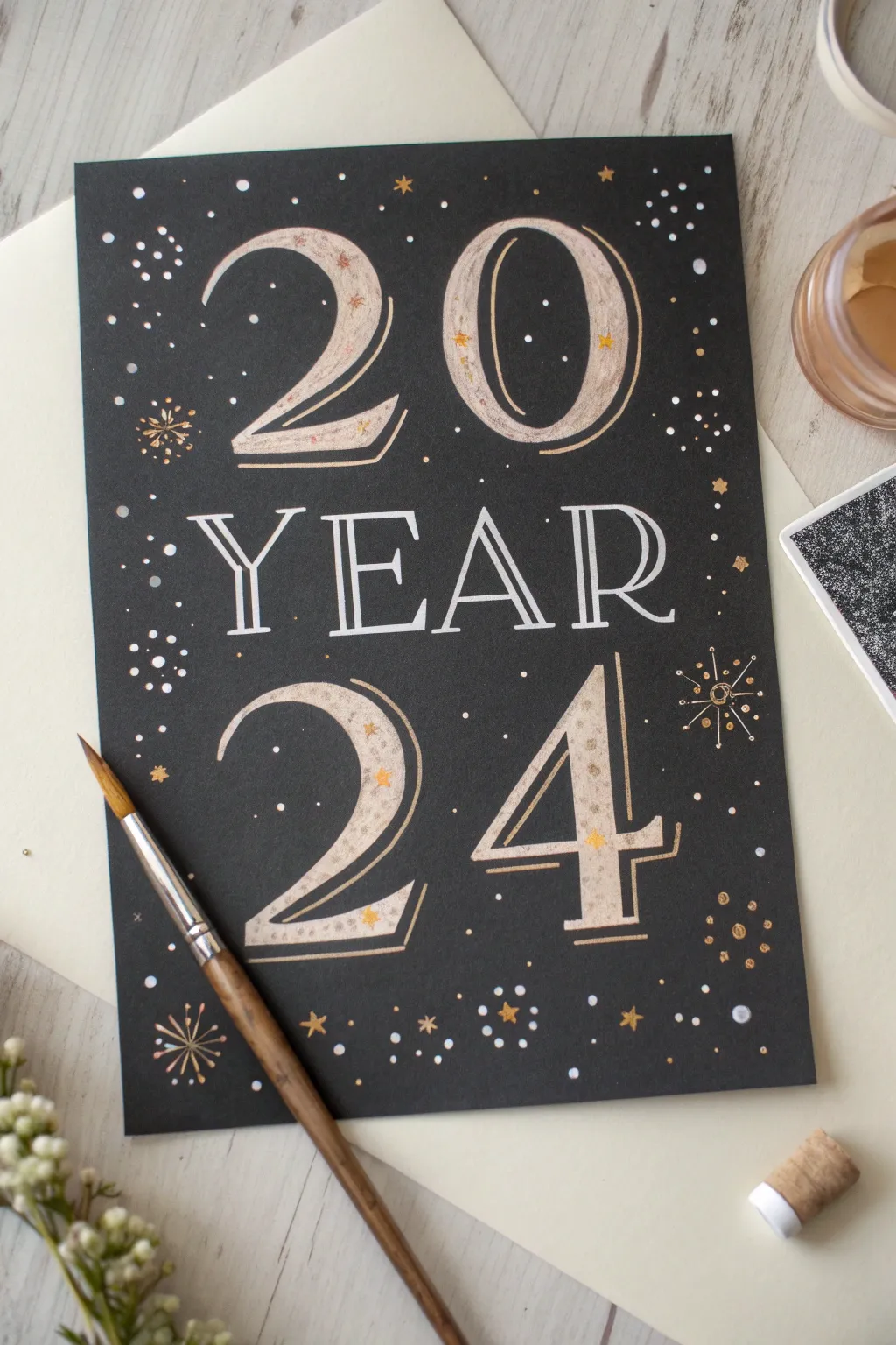 Easy New Year painting: big year numbers on black with sparkler dots and a simple brush stroke look
