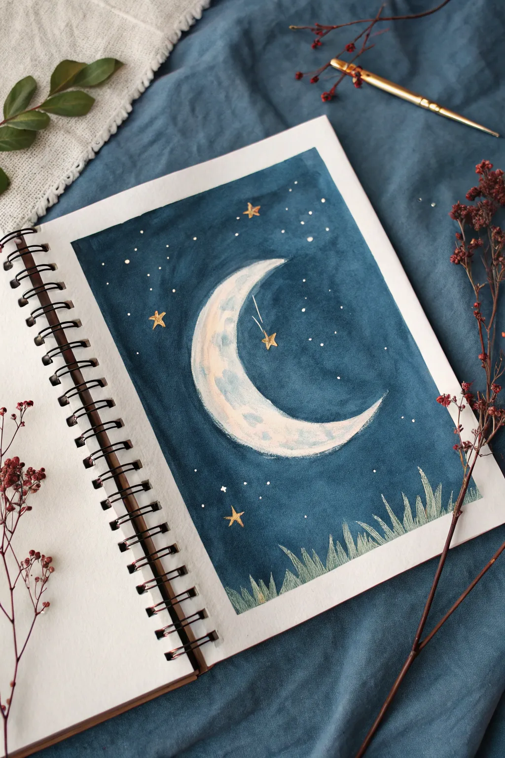 Crescent moon with a soft glow on a blended night sky, minimalist stars and soothing contrast