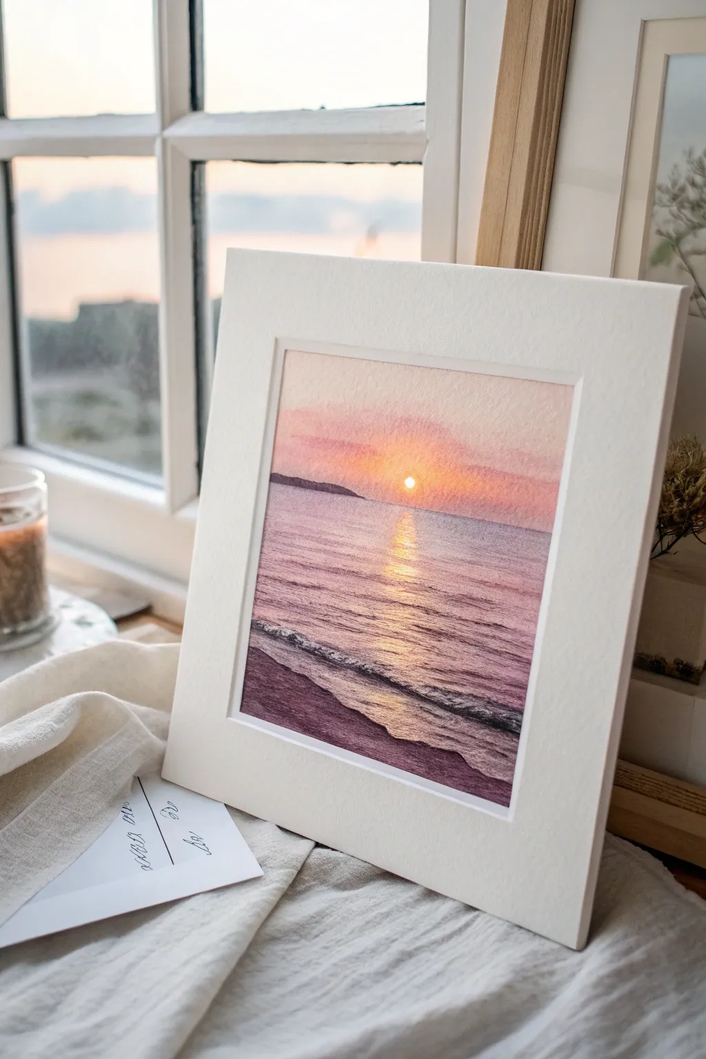 Minimalist watercolor ocean sunset with glowing gradients and a bold silhouetted shoreline