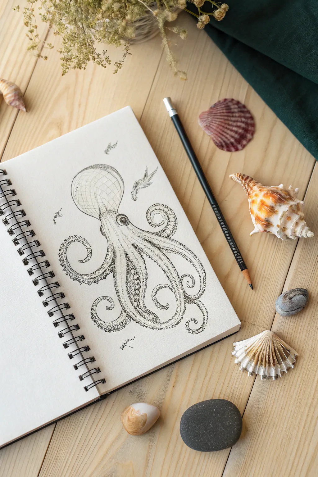 Realistic graphite octopus study with shaded head and detailed suction cups on clean white paper