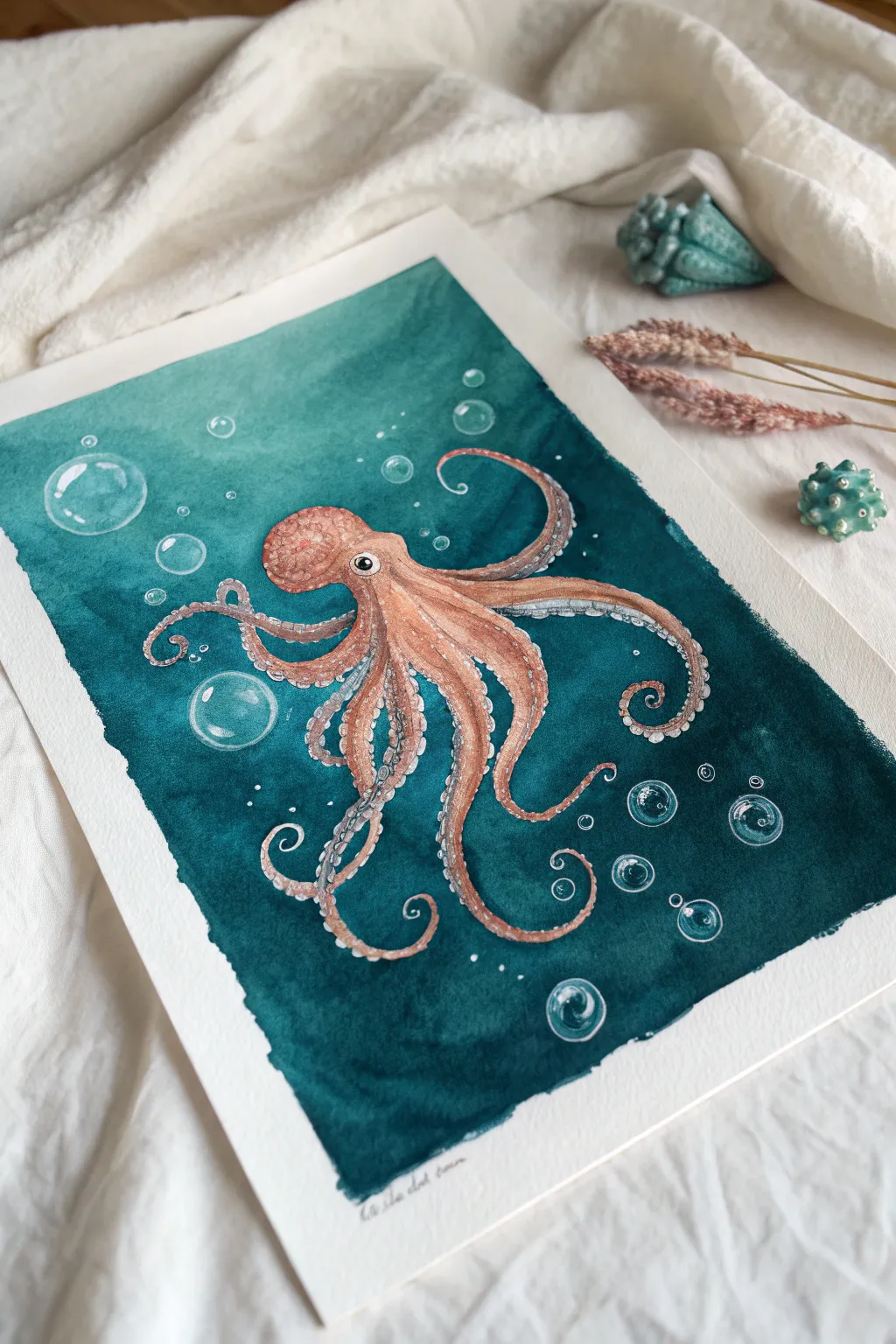 Dreamy blue green octopus with soft bubbles for a calming minimalist underwater painting idea