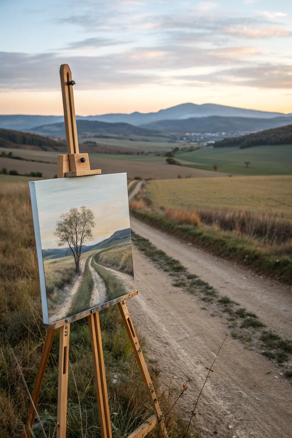 Beginner oil painting landscape with clear foreground, middle ground, and distant hills