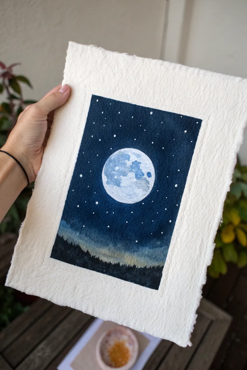 Moonlit oil pastel sky: glowing haloed moon over deep navy darkness, calm minimalist boho mood