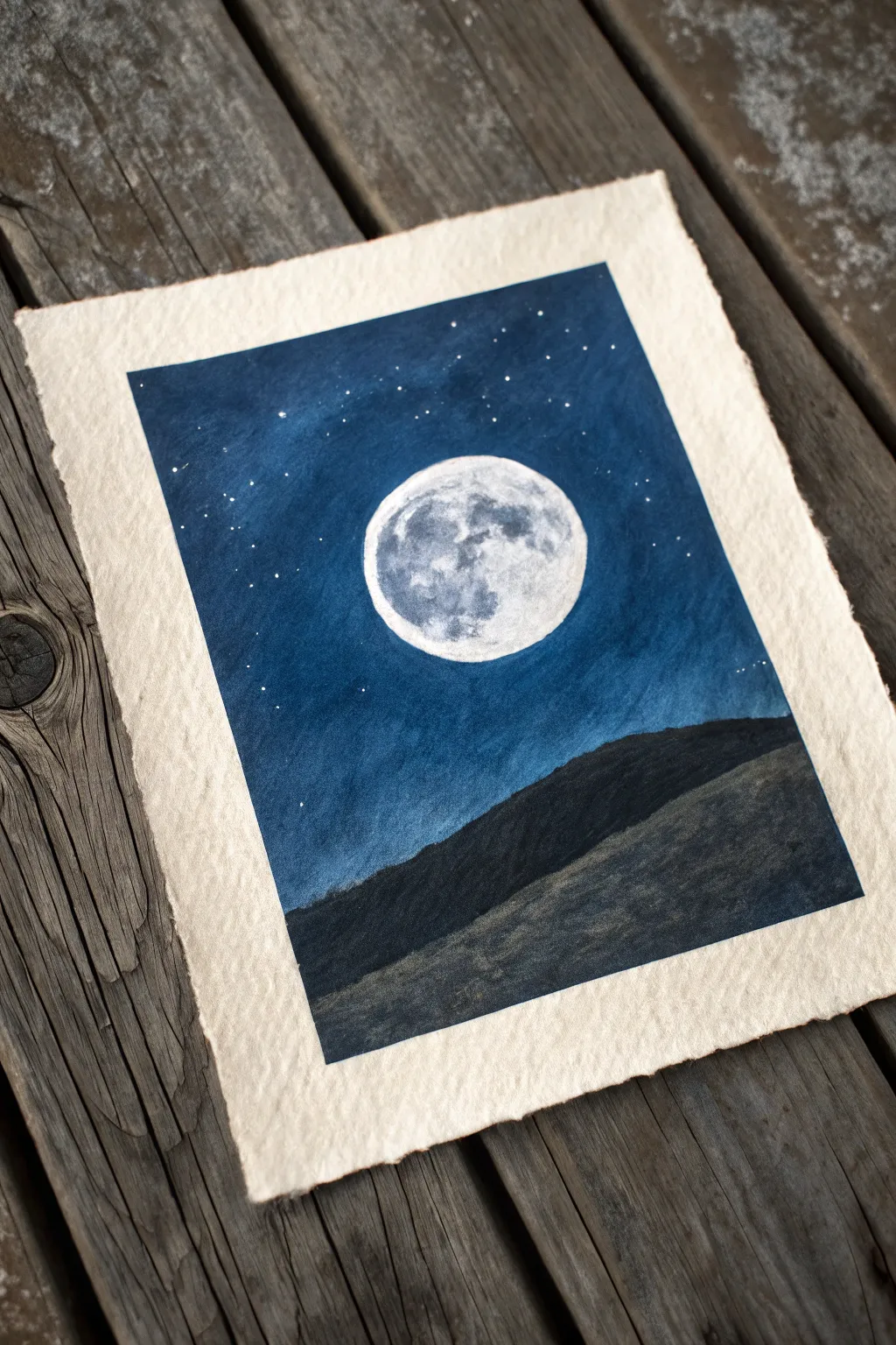 Moonlit oil pastel scene with an oversized glowing moon, minimalist hill silhouette