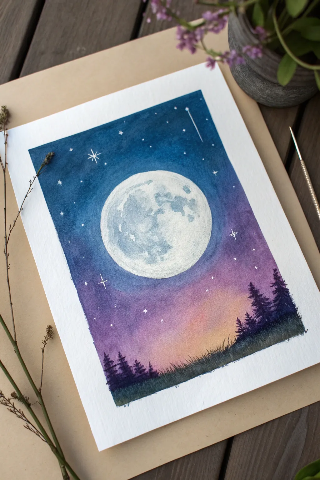 Glowing moonlit night gradient in oil pastels: minimal, dreamy, high-contrast sky