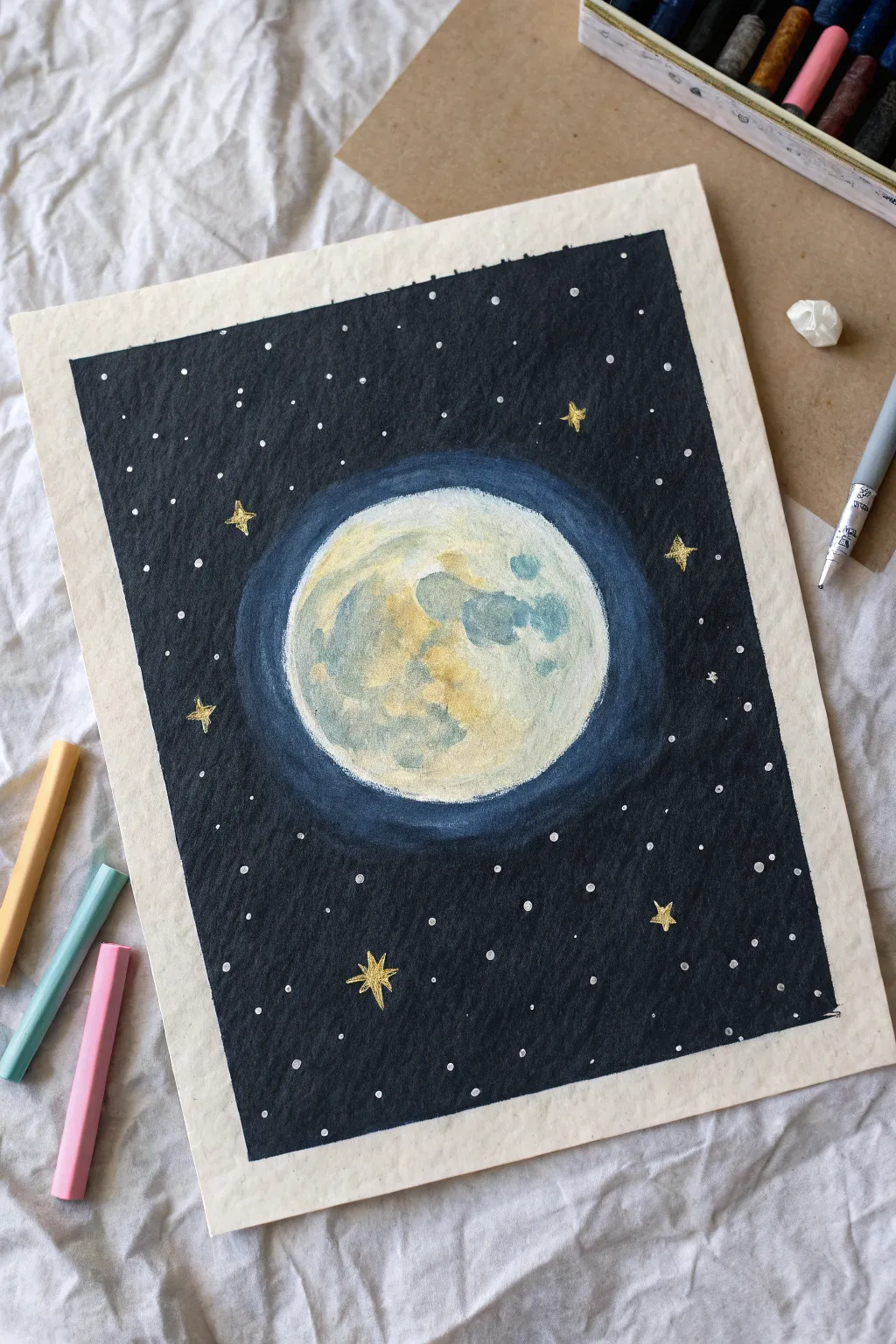 Velvety oil pastel night sky with a glowing full moon, soft halo, and delicate star flicks