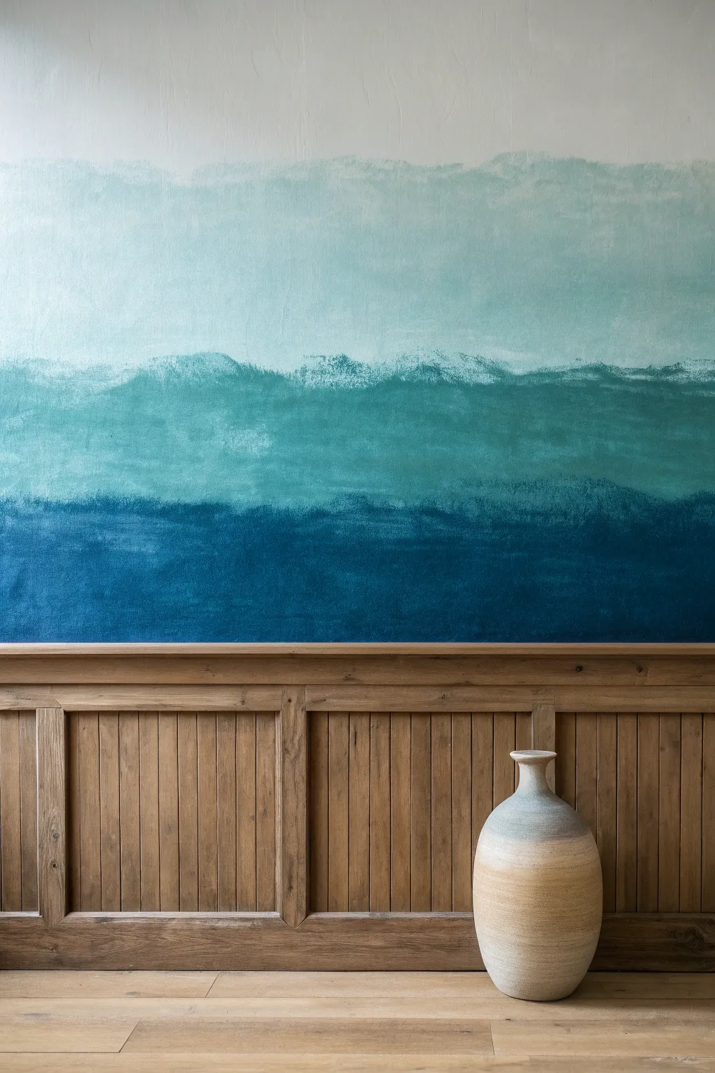 Ocean blue ombre wall from navy to teal to white, minimalist Scandinavian calm with beachy light