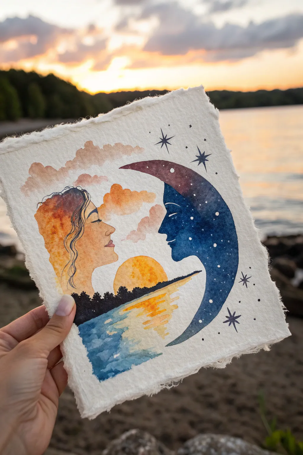 Opposite drawing idea: sun and moon profile duo in warm and cool watercolor harmony