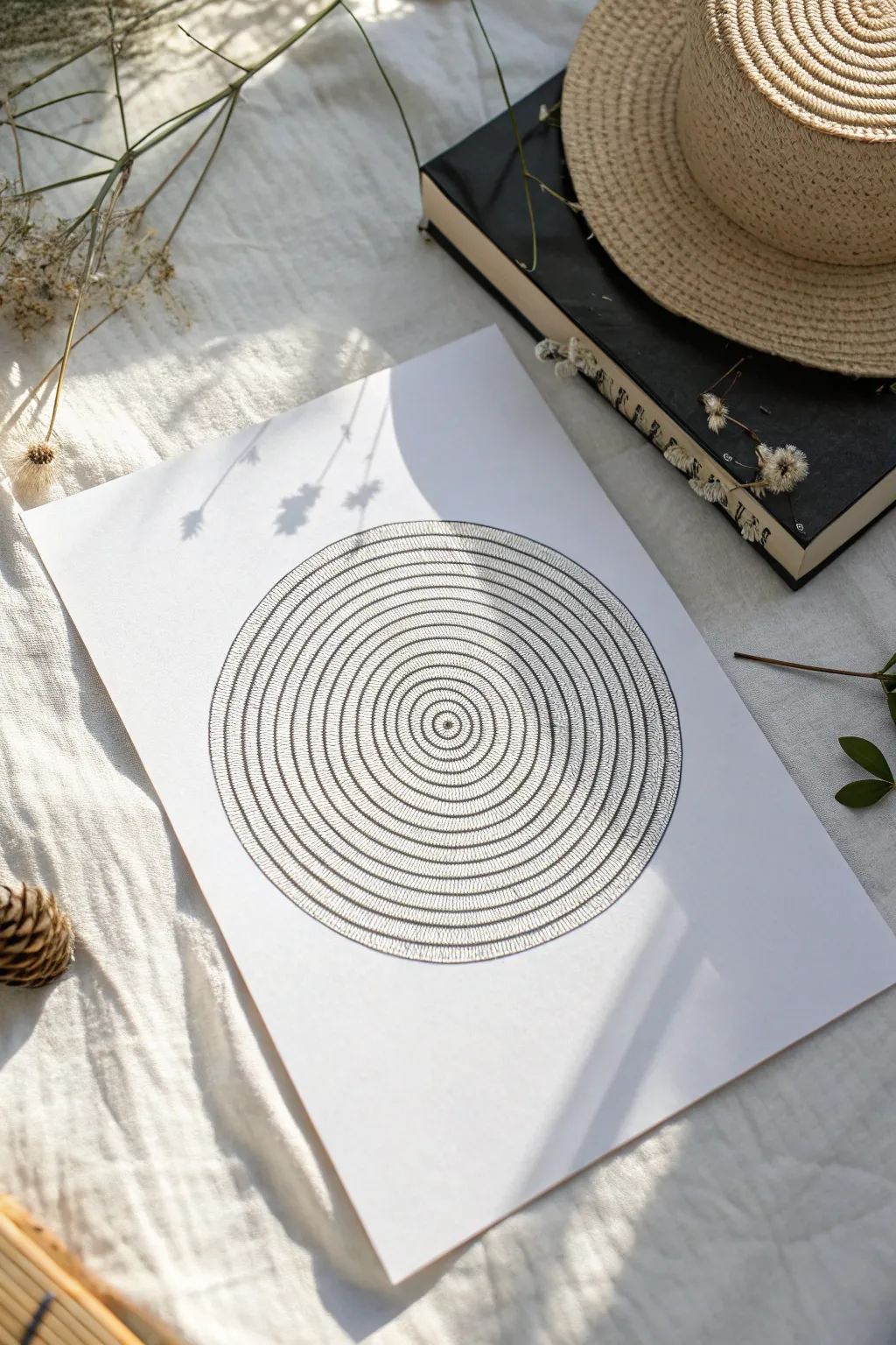 Mesmerizing concentric circle tunnel illusion on clean white paper, bold contrast and calm minimalism.