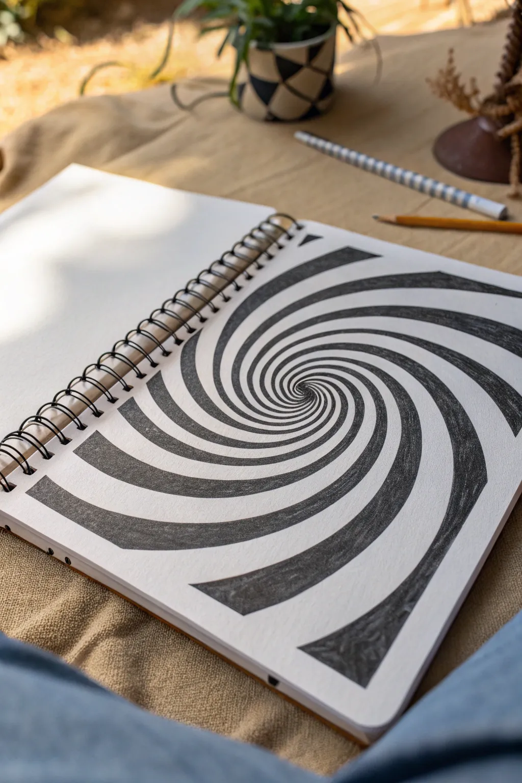 High-contrast vortex tunnel illusion in crisp black and white, minimalist and mesmerizing.