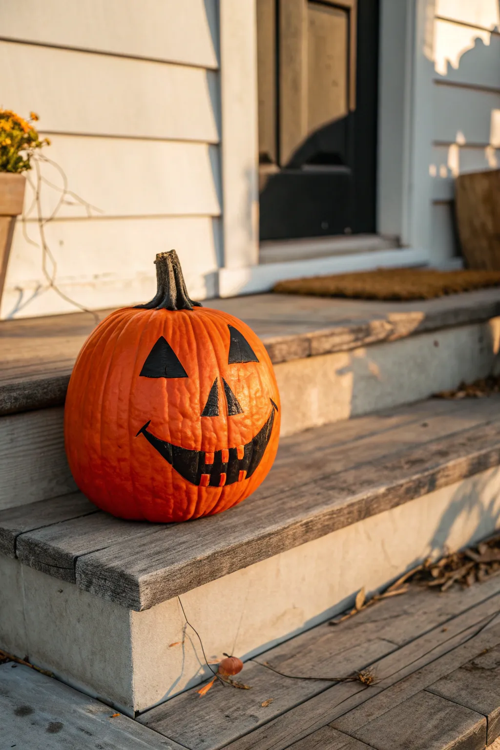 Whimsical no-carve jack-o-lantern pumpkin with bold black paint and warm porch light