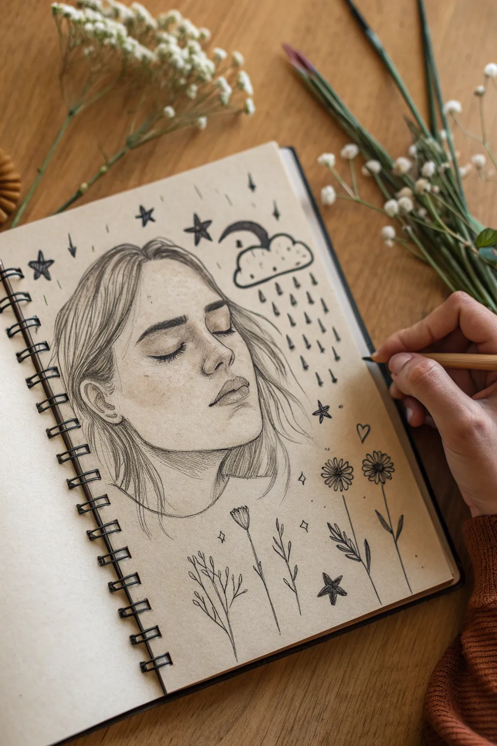 Self-portrait idea: a symbolic mask with stars, storms, and flowers to show your mood