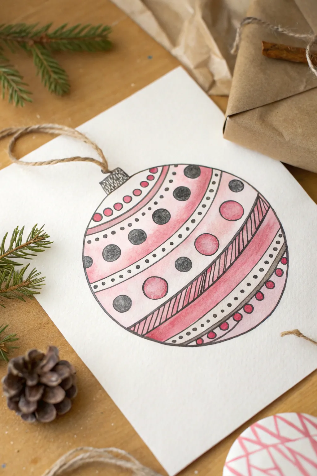 Minimalist ornament drawing with bold stripes and playful polka dots in soft boho colors