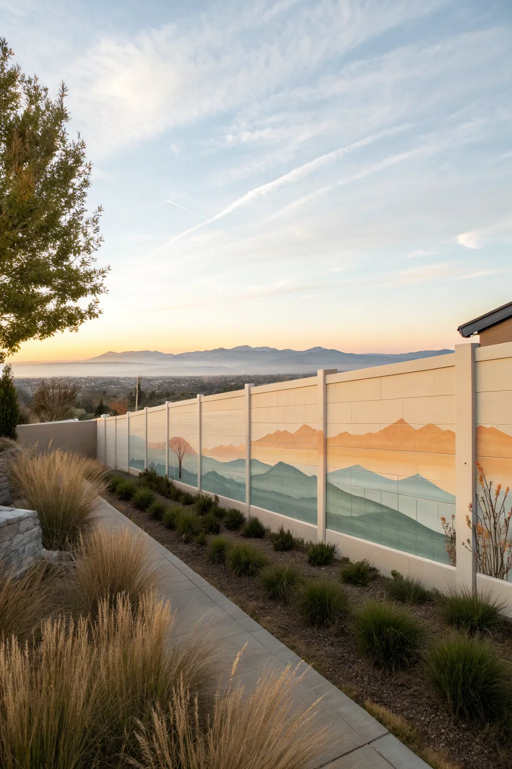 Calm horizon mural idea for an outdoor retaining wall with soft gradients and minimalist grasses