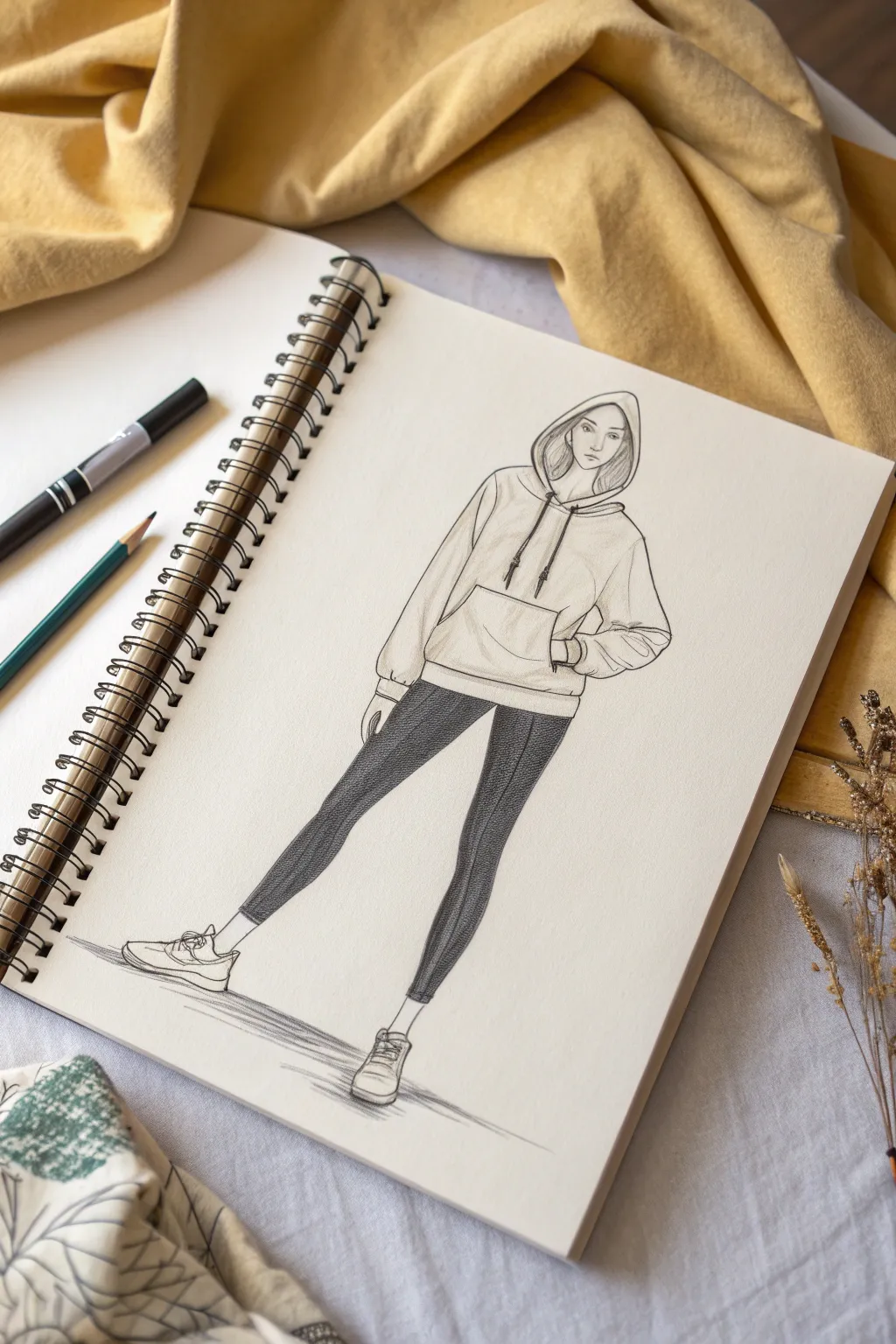 Cozy hoodie and leggings sketch with clean silhouette and soft drape, minimalist Scandinavian vibes