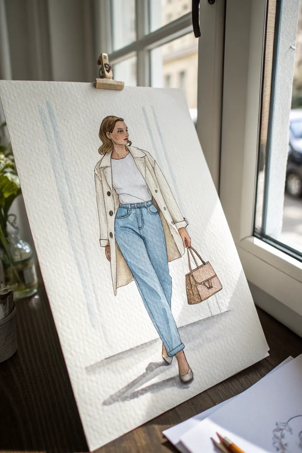 Minimal outfit sketch: high-waisted jeans, tucked tee, open light jacket, and crossbody bag