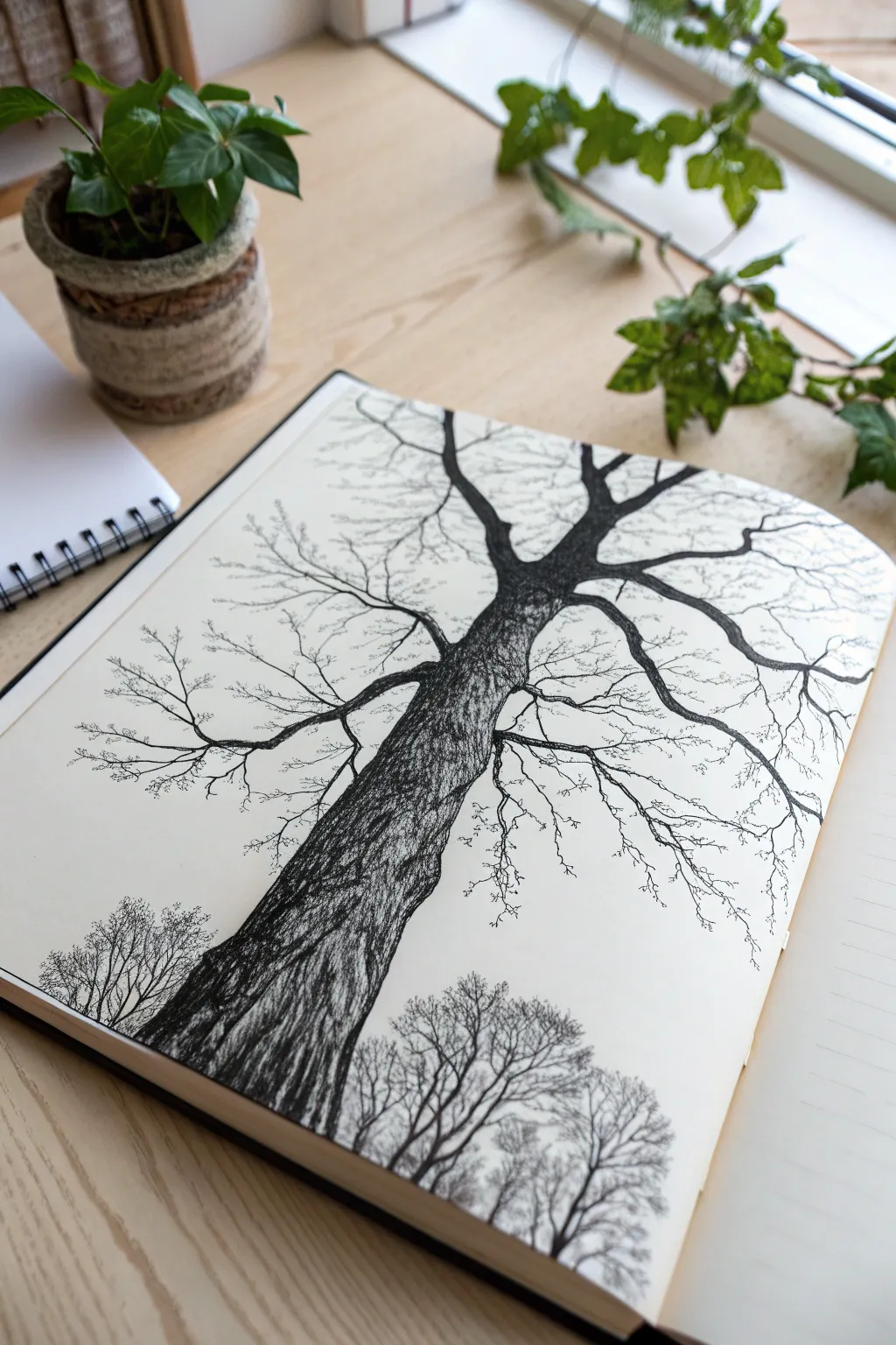 Bold branch silhouettes from below, captured in simple ink linework for easy outdoor sketching