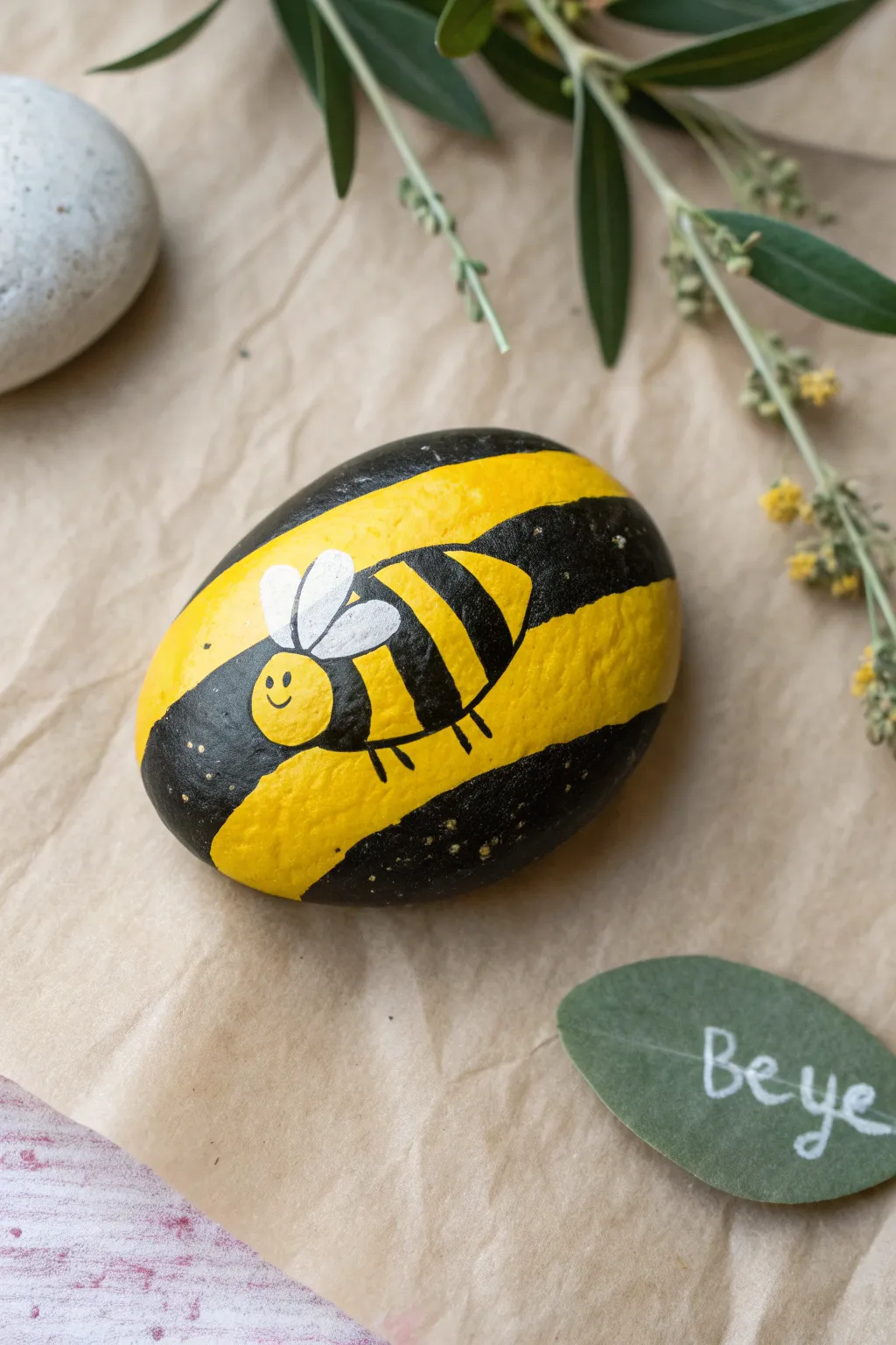 Bold bumblebee stripes on an oval stone, a simple craft with clean Scandinavian charm.