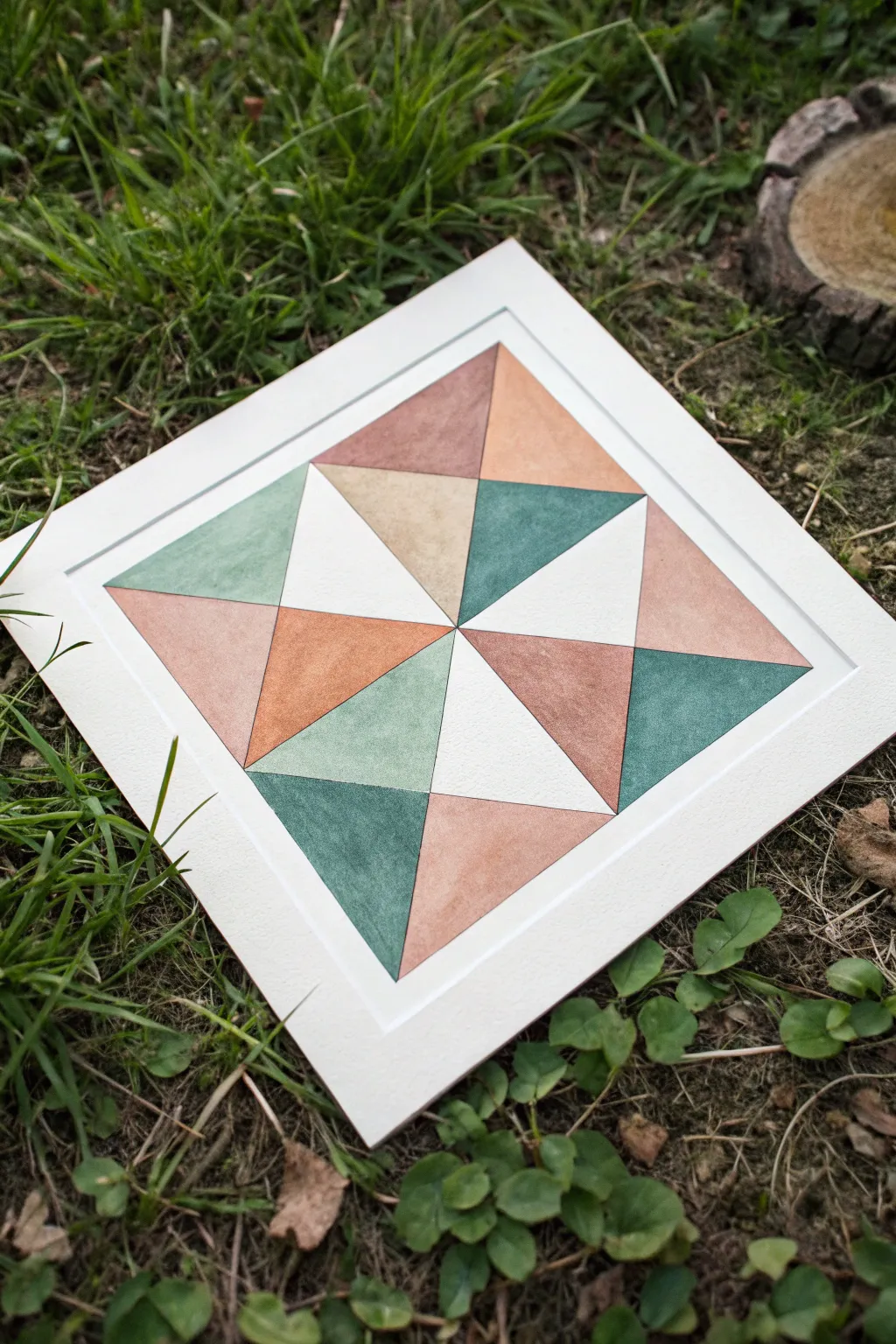 Overlapping shapes in faux stained glass, bold black outlines and cozy muted boho colors.