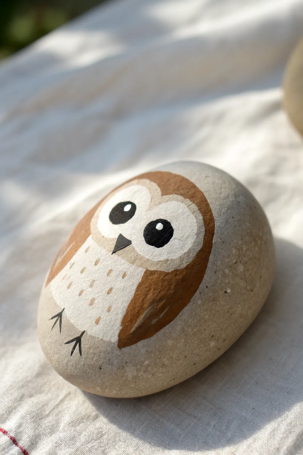 Minimalist owl rock: two bold eyes and a tiny beak on a soft neutral base, modern and calm.