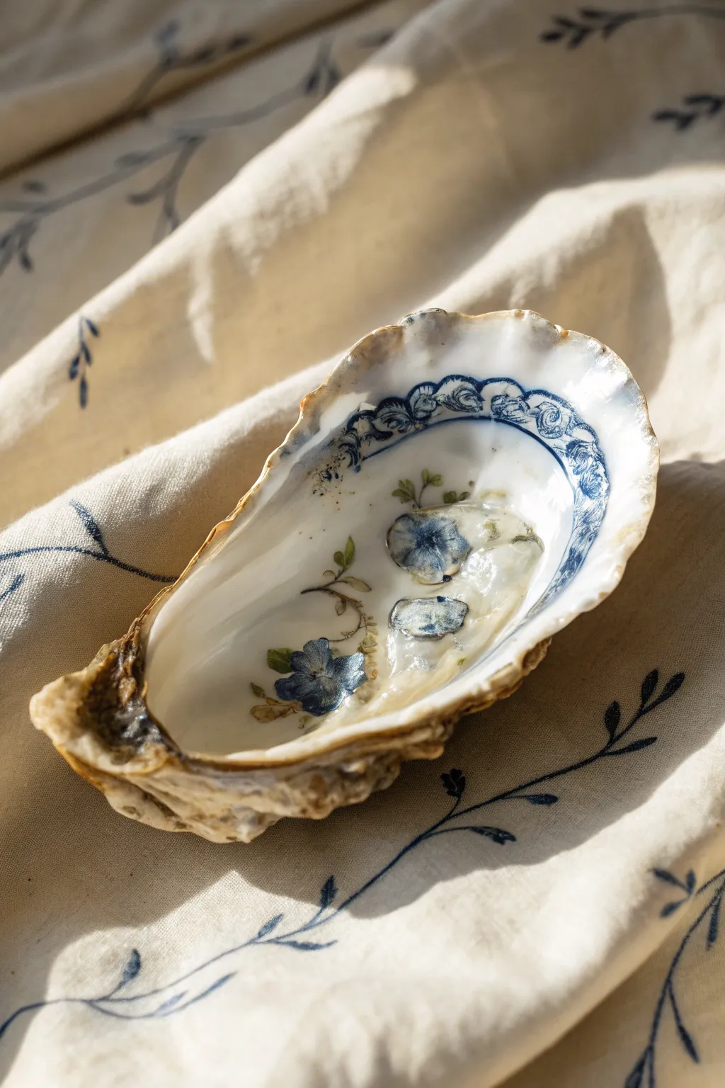Minimal blue-and-white oyster shell pattern, hand-painted detail on a clean linen backdrop