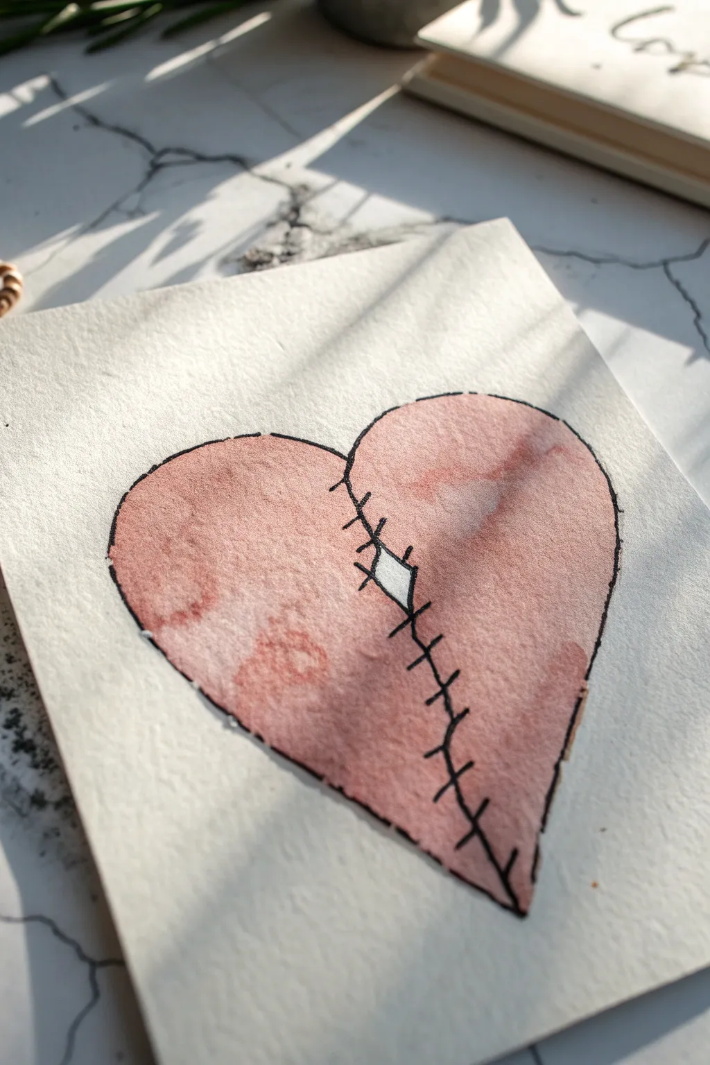 Cracked heart with stitched seams, minimal ink and soft blush wash for a powerful pain drawing idea