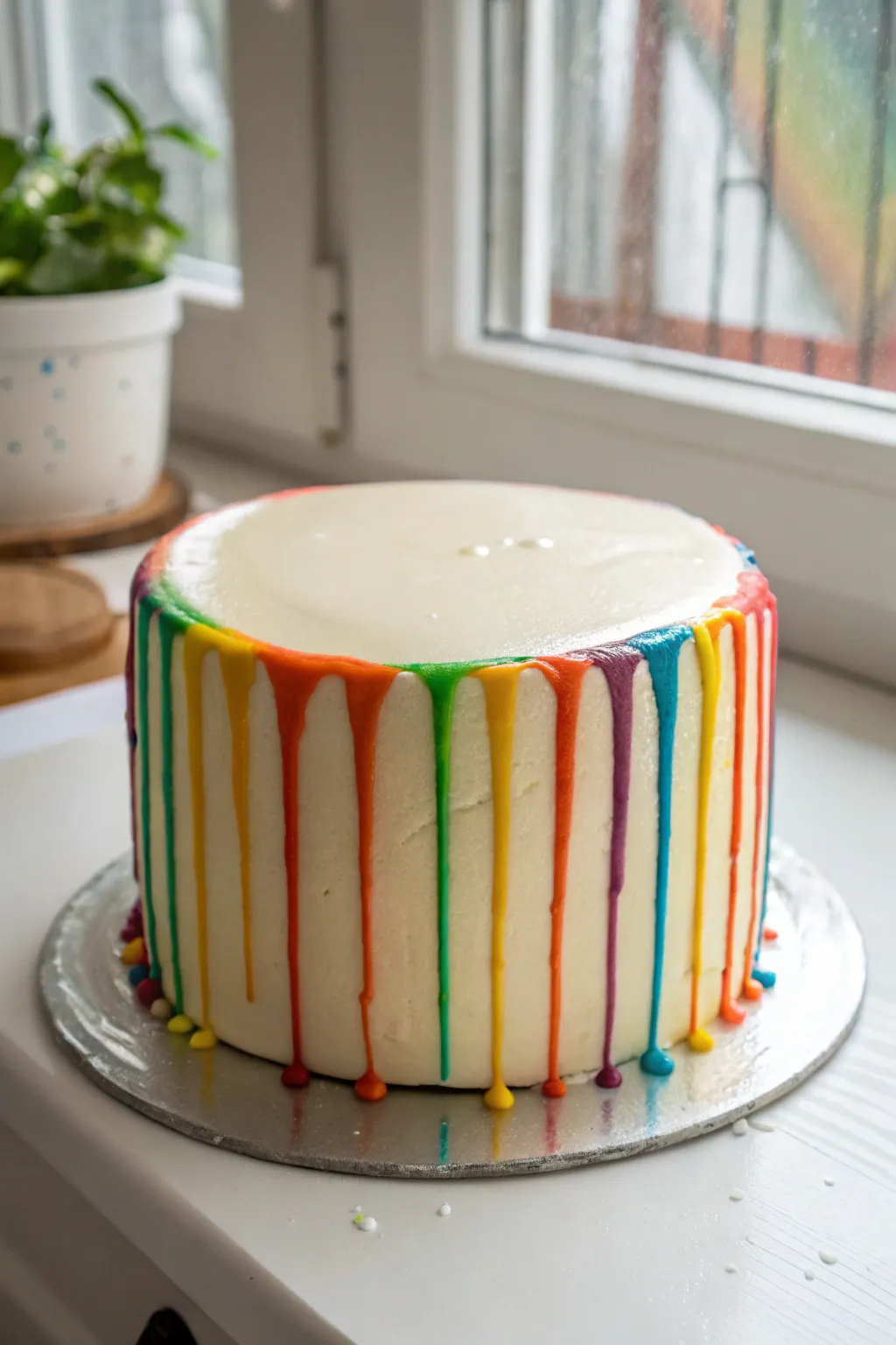 Minimal ivory cake with glossy rainbow paint drips and vibrant puddles for an artful finish