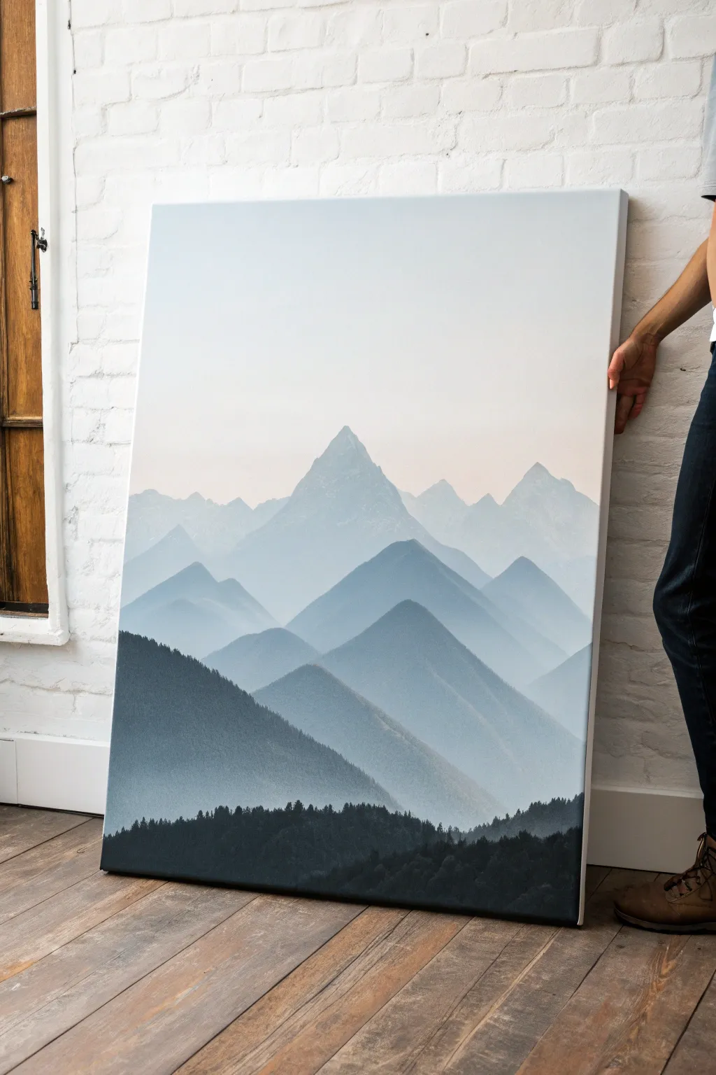 Minimal mountain canvas in three easy layers, soft sky and bold silhouettes with calm contrast