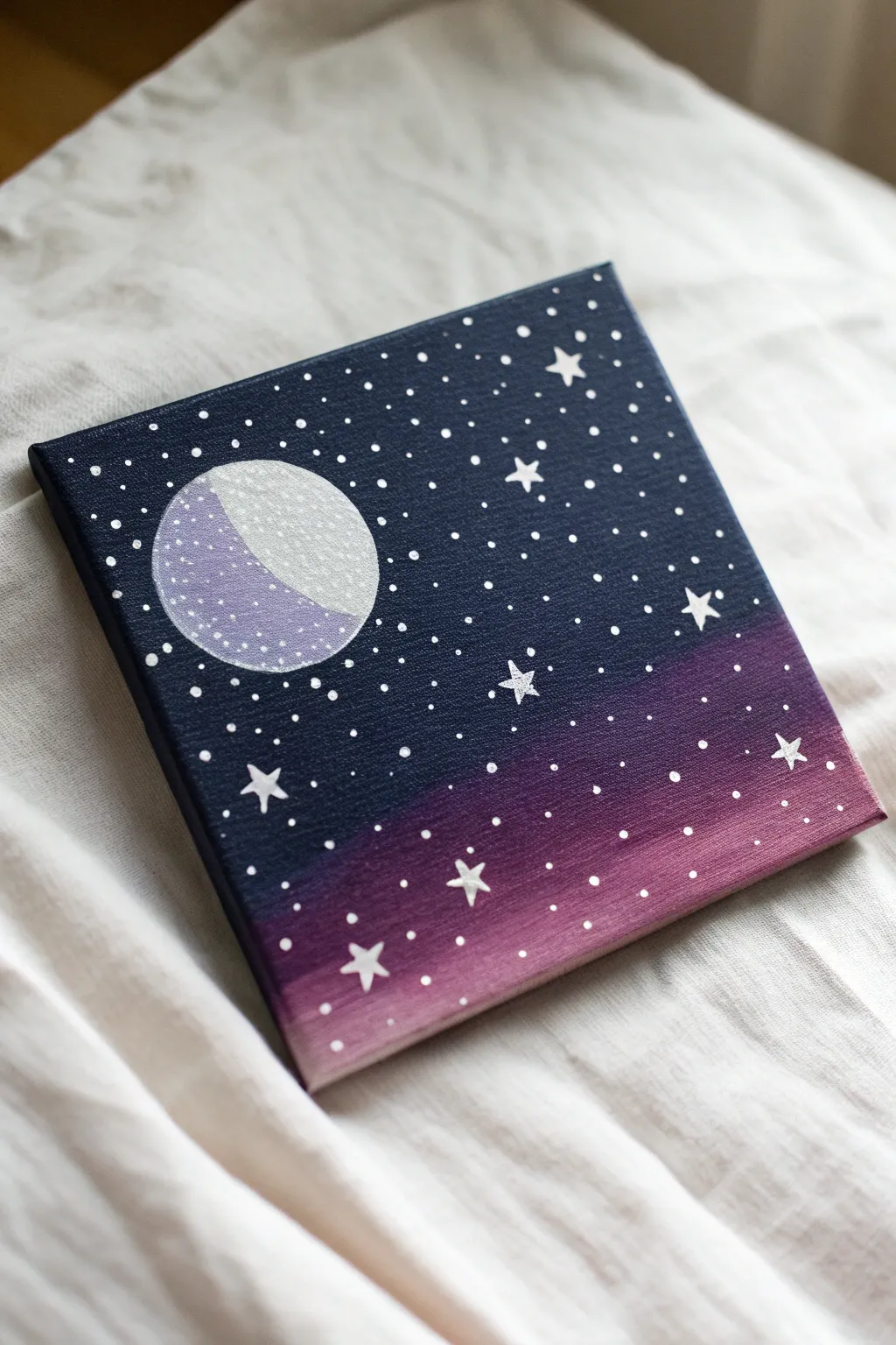 Starry night dot painting idea for paint night, minimalist and dreamy with crisp white stars