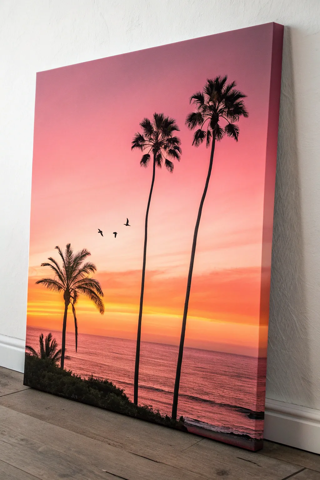 Bold sunset gradient with palm silhouettes, an easy tropical paint party idea with minimalist charm.