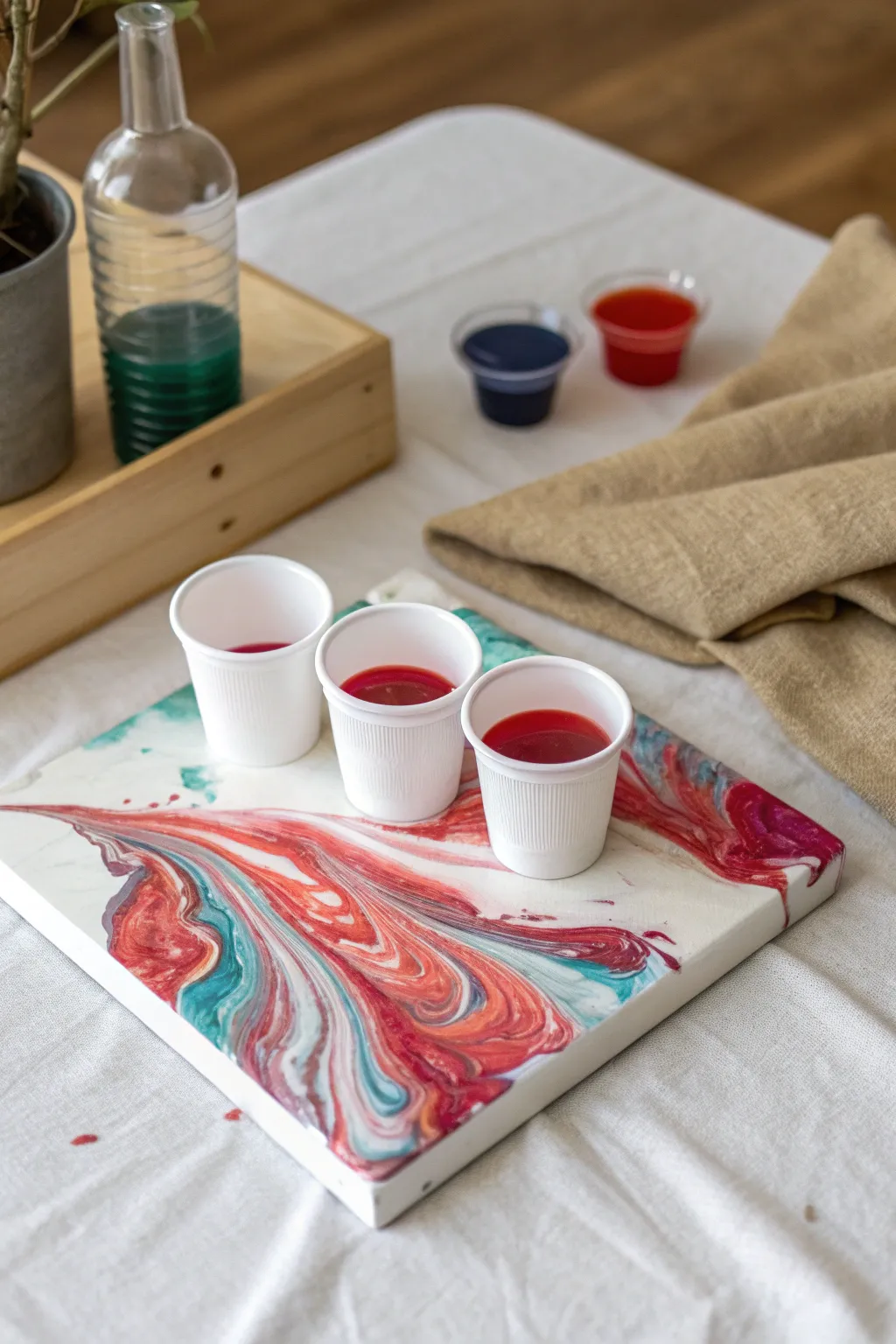 Flip cup acrylic pour magic: lift and watch color bloom across the canvas for a marbled reveal.