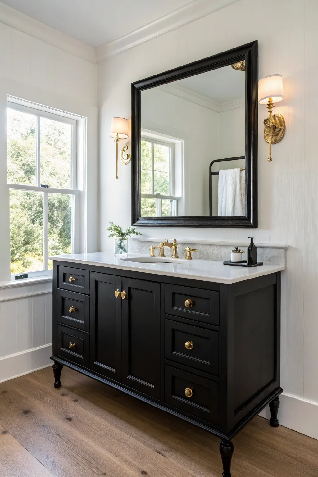 Matte black antique vanity makeover with warm brass glow, clean lines, bold minimalist drama
