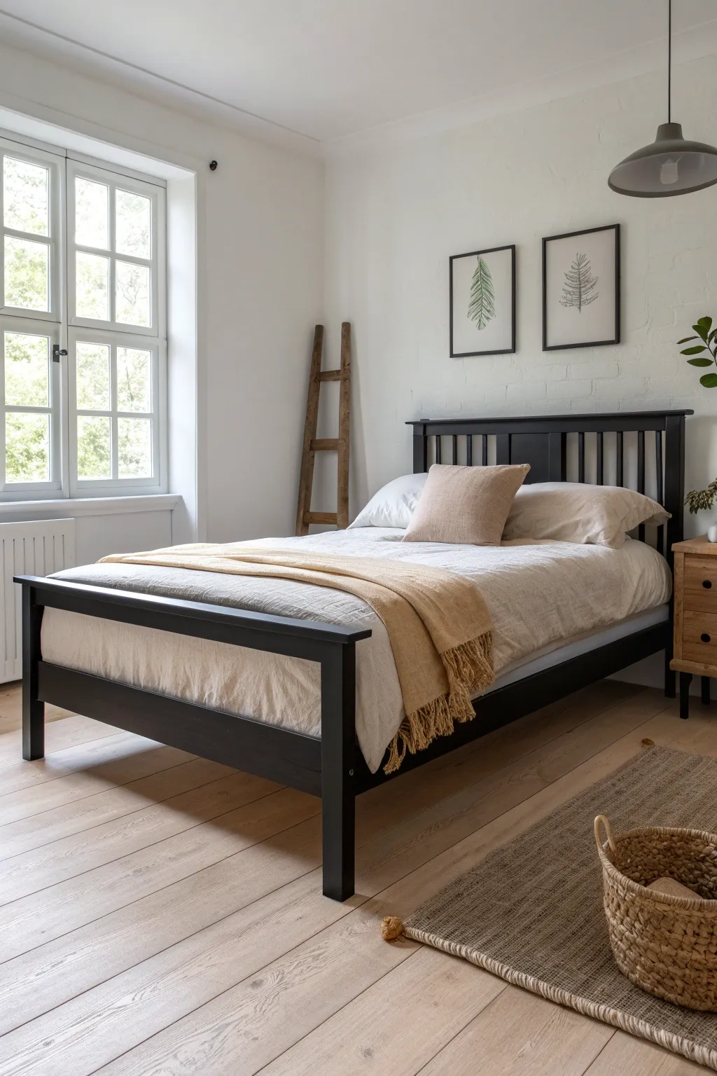 Matte black bed frame against pale walls for bold modern contrast and calm minimalist vibes.