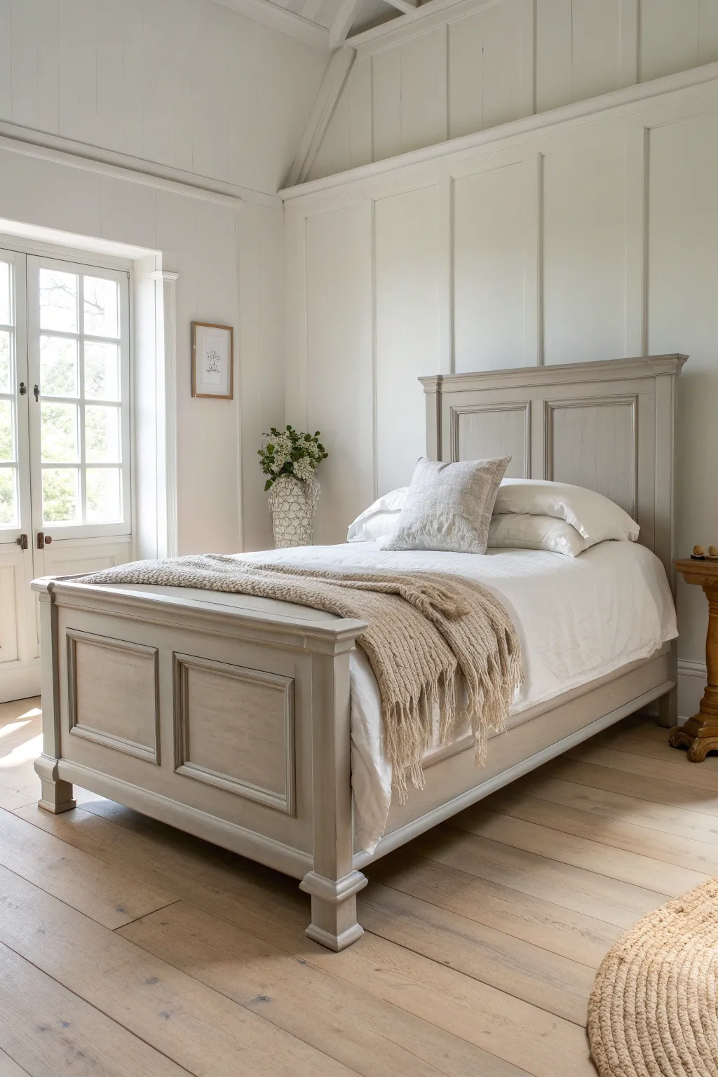 Soft greige painted bed with creamy linens and boucle texture for a calm modern neutral look.