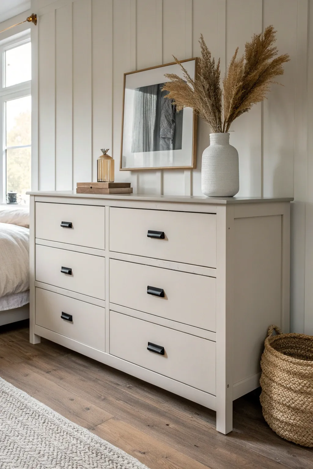 Light greige painted dresser for a calm, modern bedroom look with soft daylight contrast