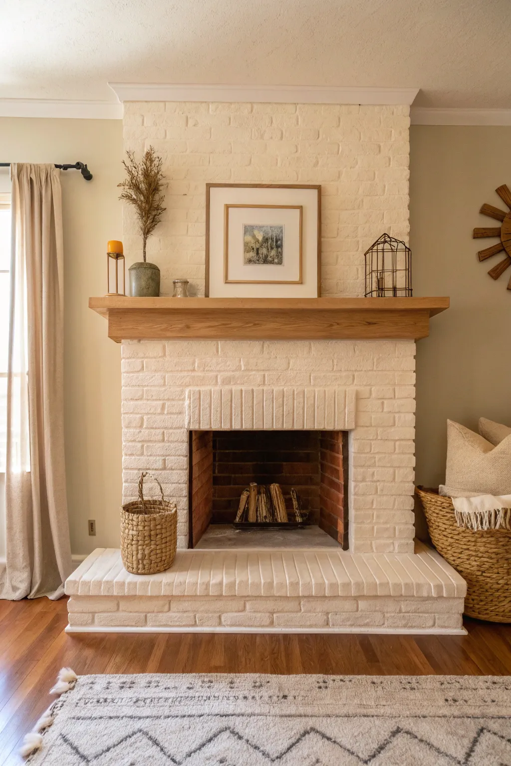 Soft cream brick adds cozy warmth, keeping the room bright with calm Scandinavian boho style