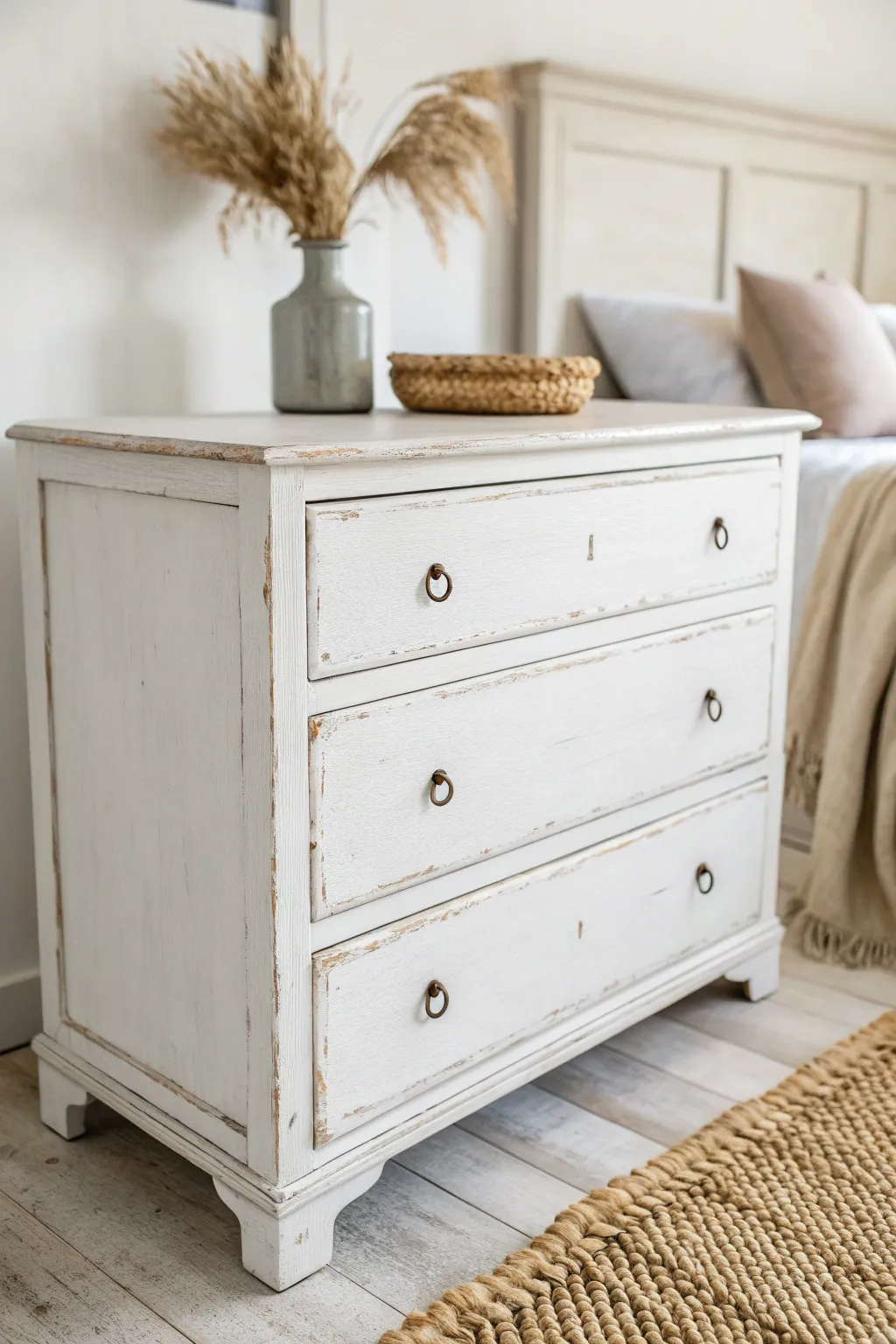 Crisp white chest with softly aged edges for a calm, timeless Scandinavian boho bedroom look