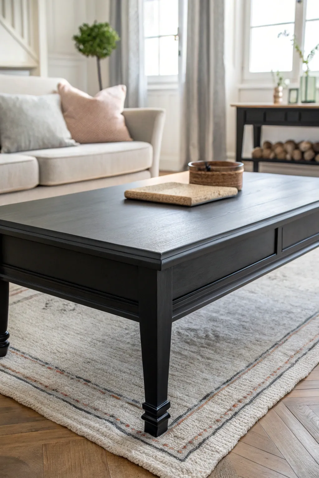 Matte black painted coffee table creates instant contrast against soft neutrals and pale rugs