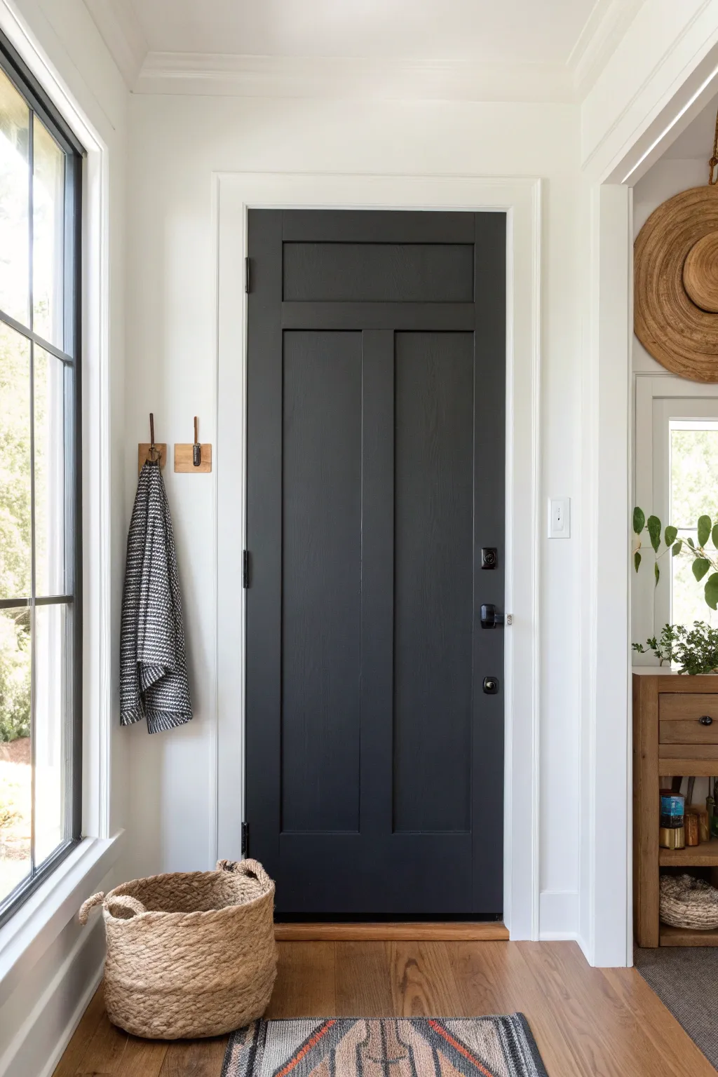Moody charcoal door in a bright entryway for a modern, dramatic look that still feels light